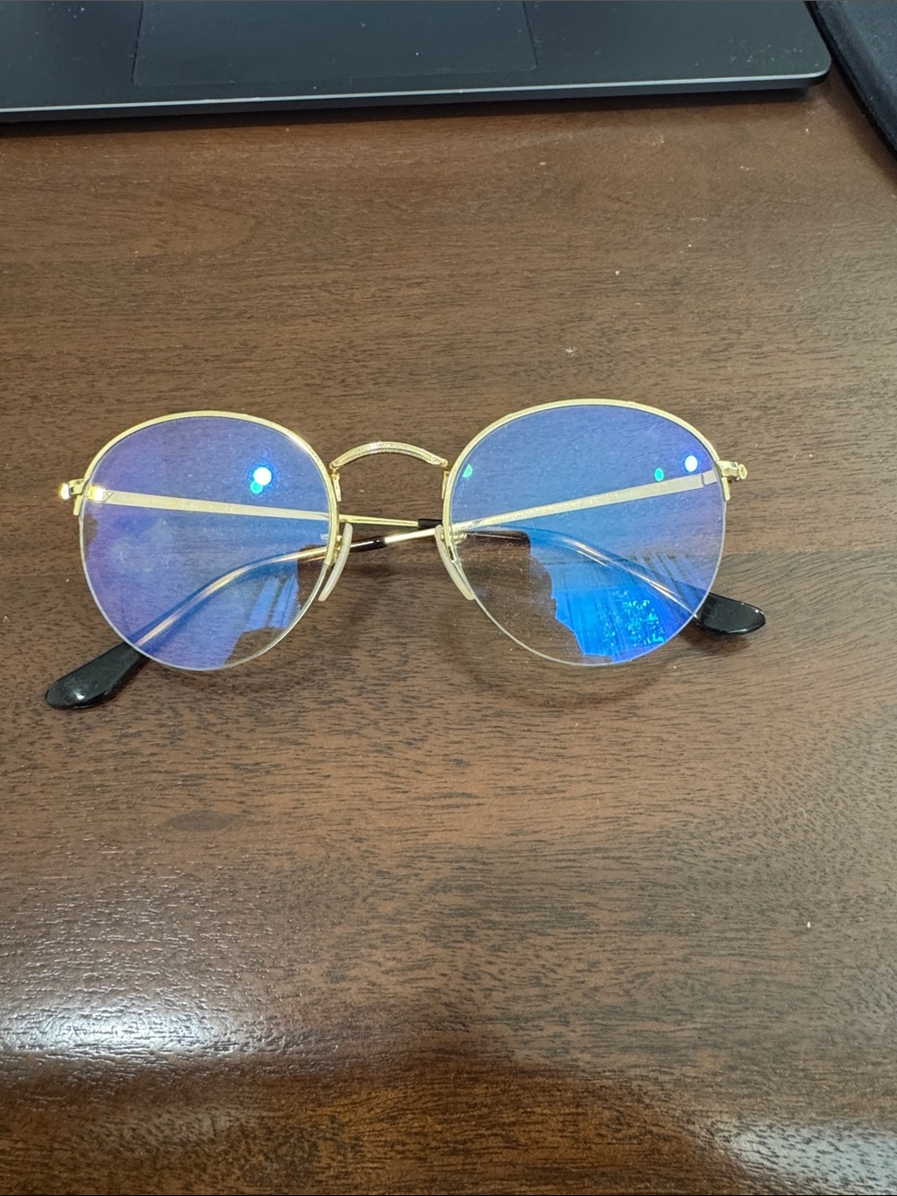 Ray Ban Gold Round Frame Glasses with Blue Tint
